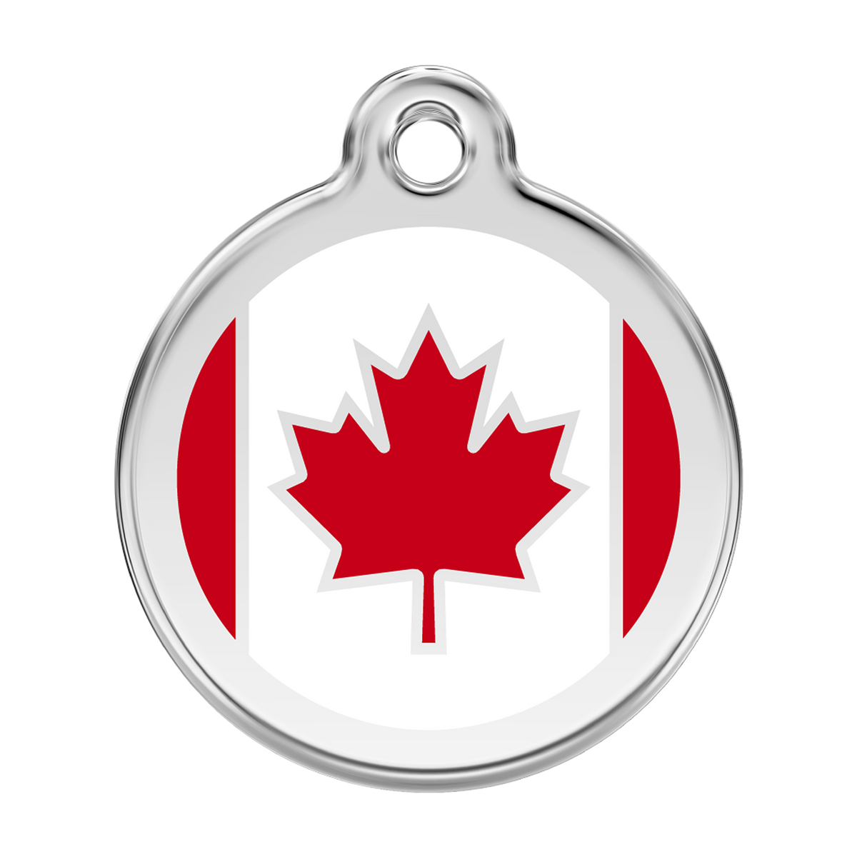 Stainless steel dog ID tag with red maple leaf Canadian flag enamel center