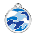 Stainless steel dog ID tag with blue camouflage enamel pattern, round with top ring