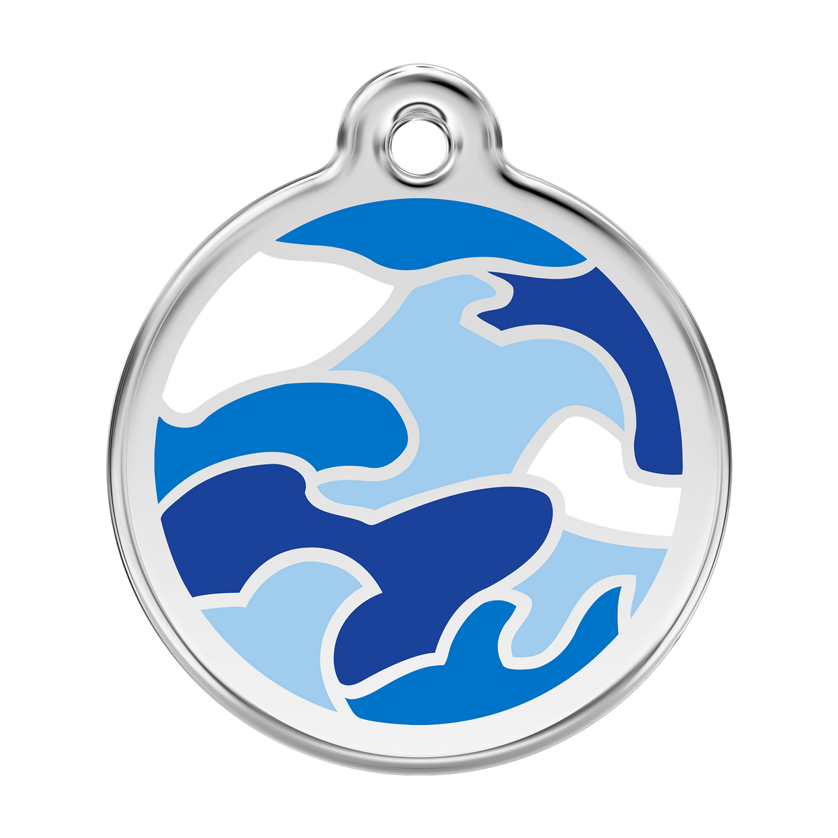Stainless steel dog ID tag with blue camouflage enamel pattern, round with top ring