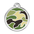 Stainless steel dog ID tag with green camouflage enamel center and round loop