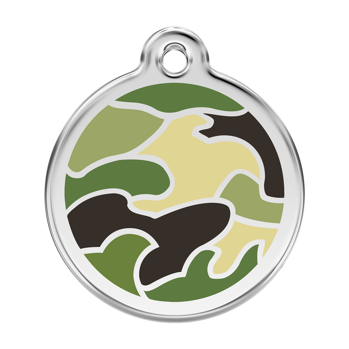 Stainless steel dog ID tag with green camouflage enamel center and round loop