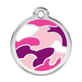 Stainless steel dog ID tag with pink and purple camouflage enamel design