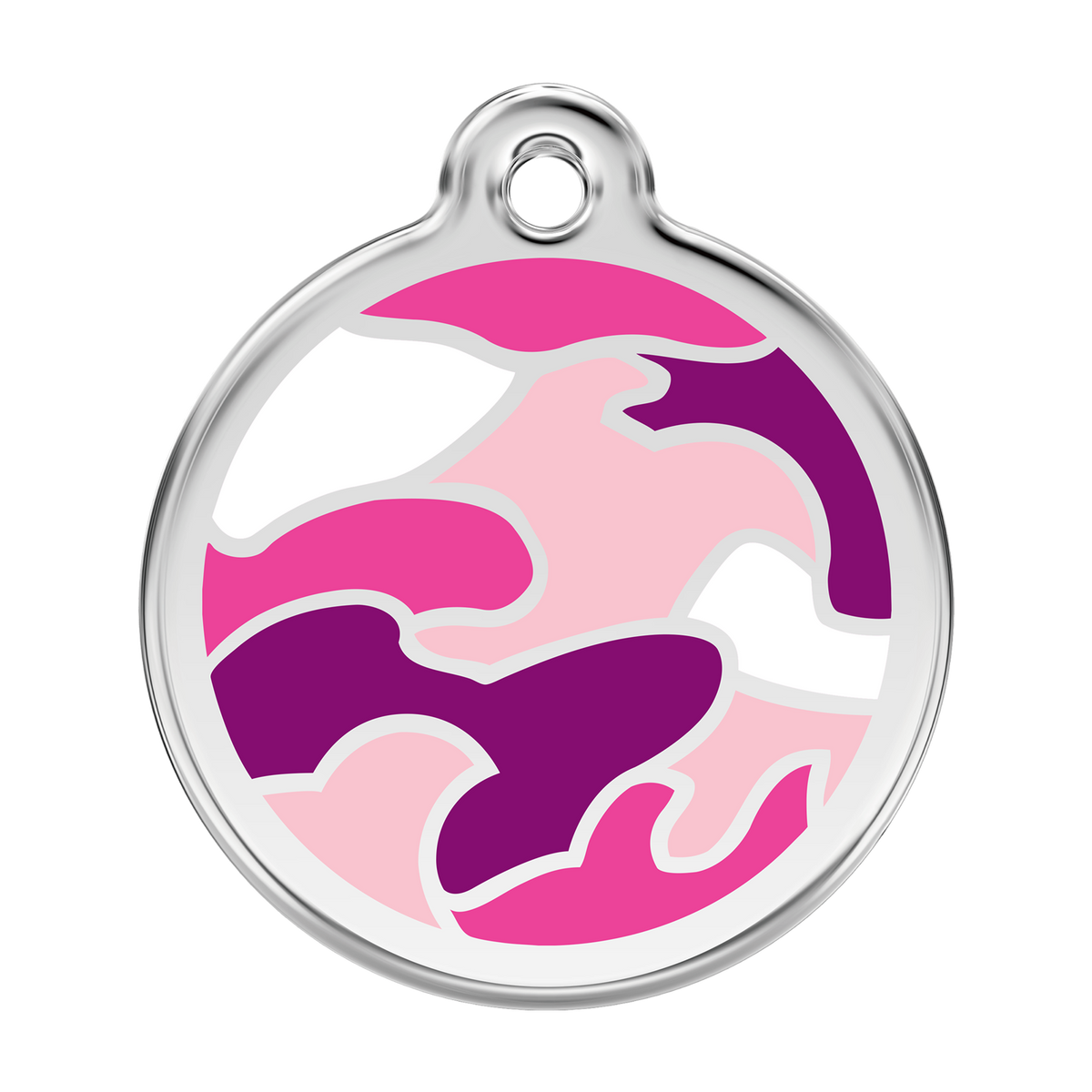 Stainless steel dog ID tag with pink and purple camouflage enamel design