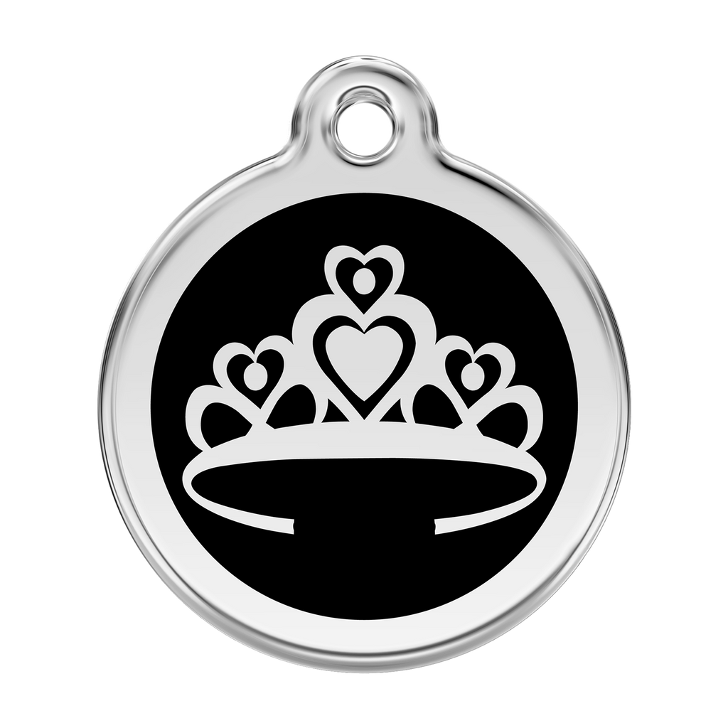 Stainless steel and enamel dog ID tag with dark background crown emblem