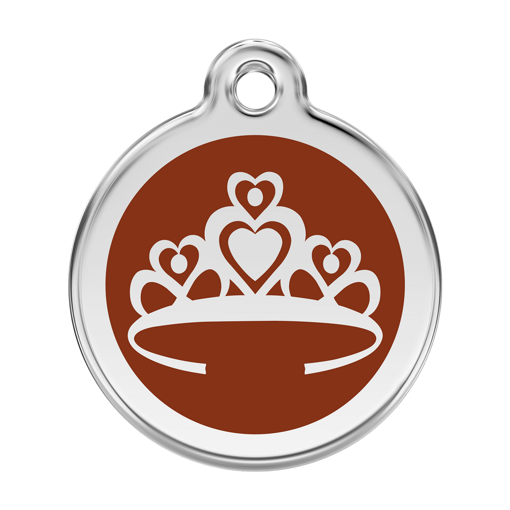 Stainless steel and enamel dog ID tag with brown crown emblem