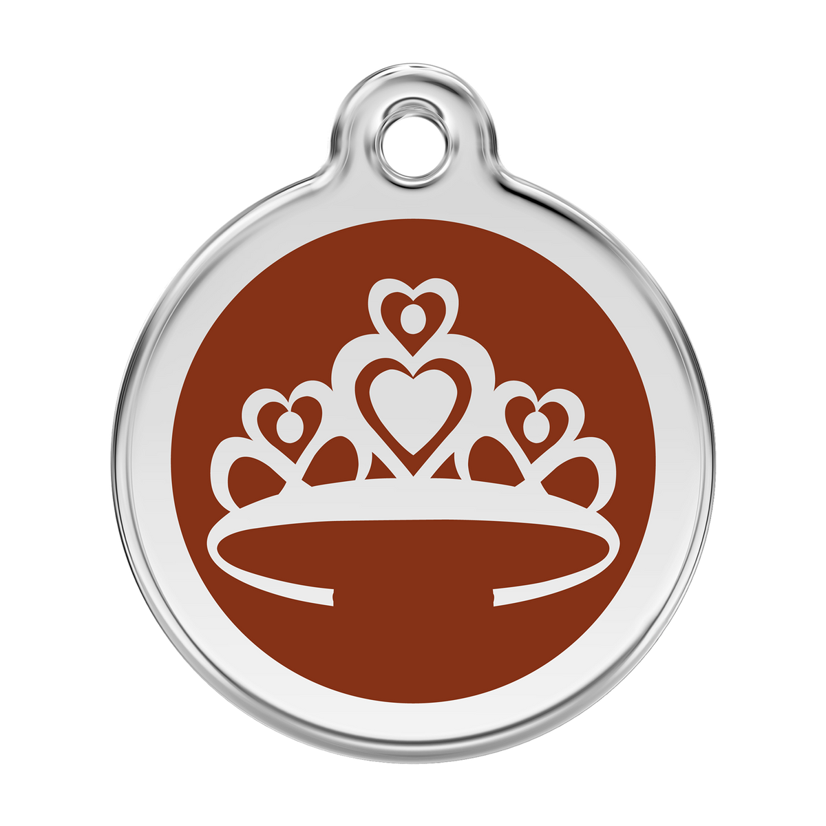 Stainless steel and enamel dog ID tag with brown crown emblem