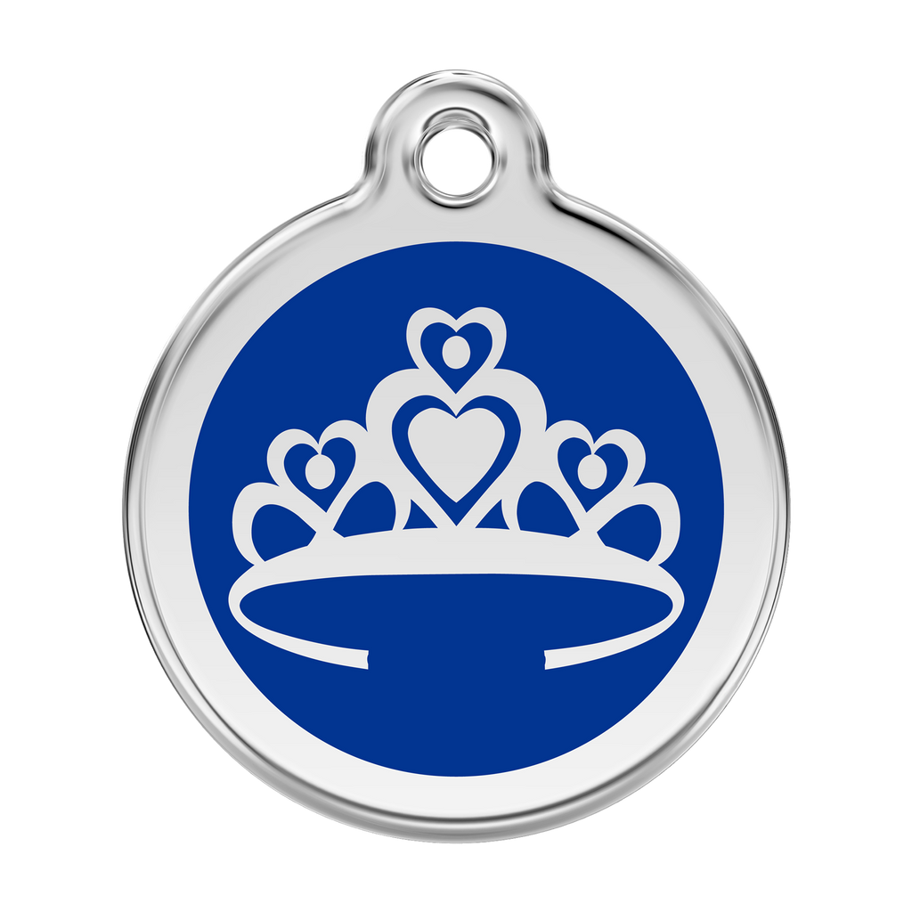 Stainless steel and enamel dog ID tag with blue crown emblem