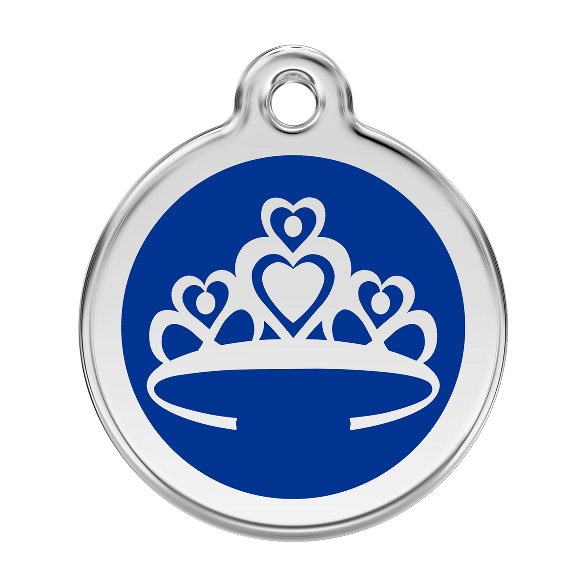 Stainless steel and enamel dog ID tag with blue crown emblem