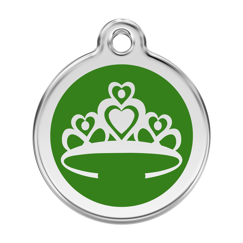 Stainless steel and enamel dog ID tag with green crown emblem