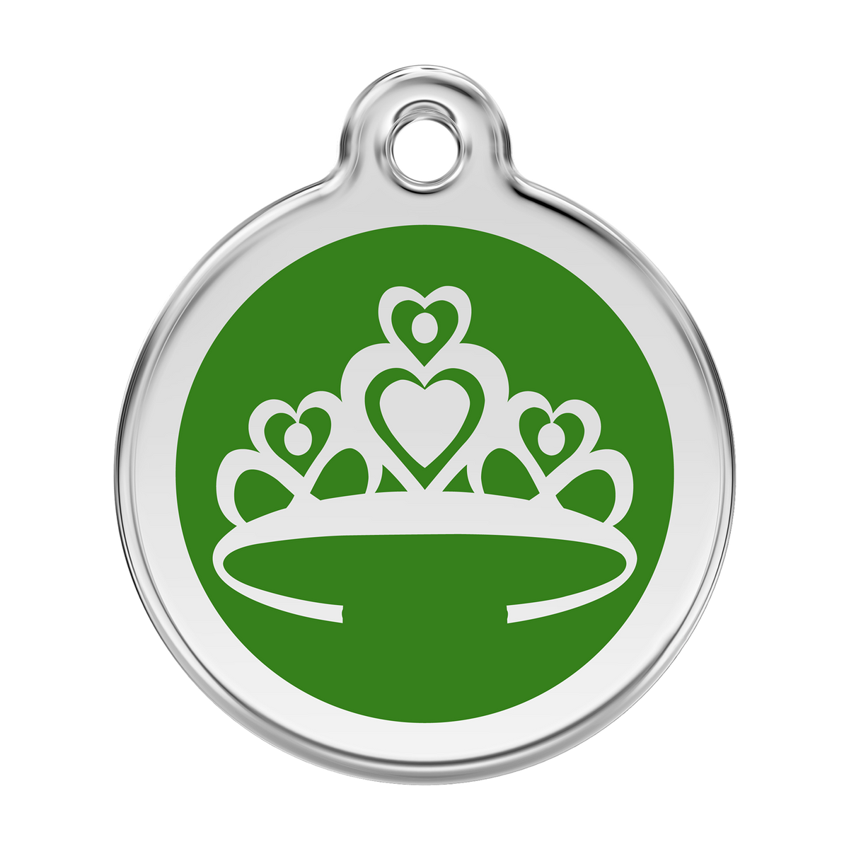 Stainless steel and enamel dog ID tag with green crown emblem