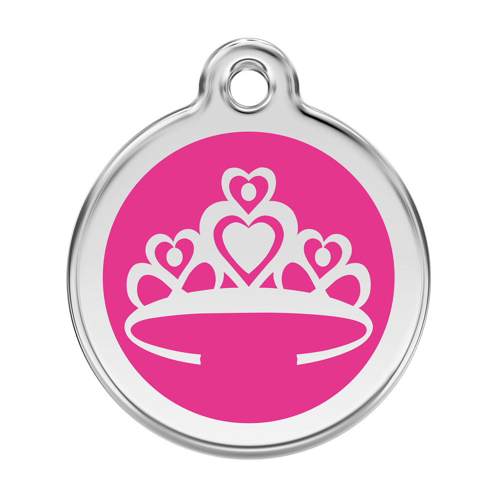 Stainless steel and enamel dog ID tag with pink crown emblem