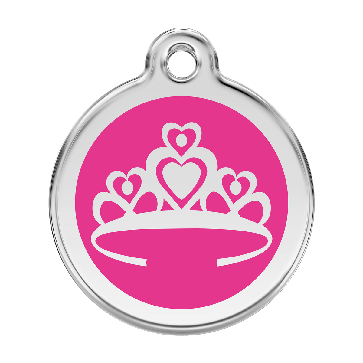 Stainless steel and enamel dog ID tag with pink crown emblem