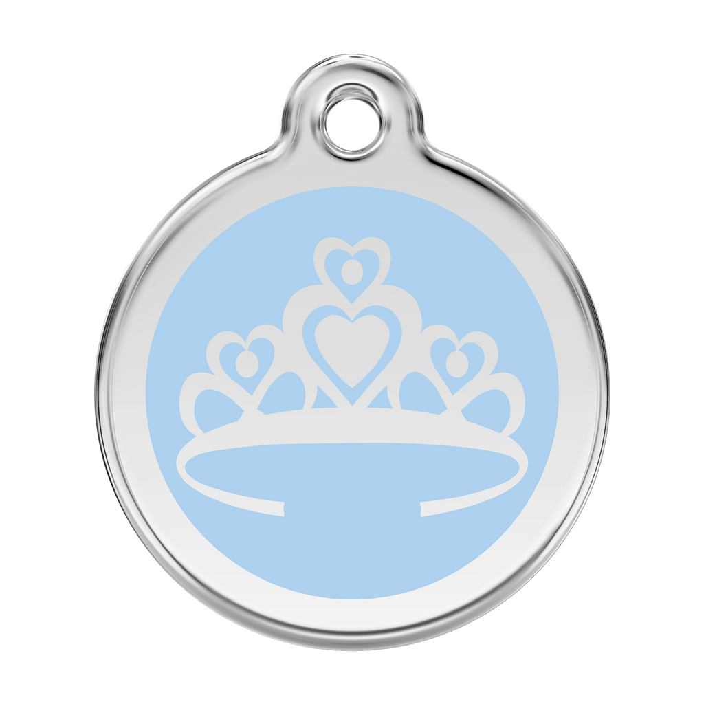 Stainless steel and enamel dog ID tag with light blue crown emblem