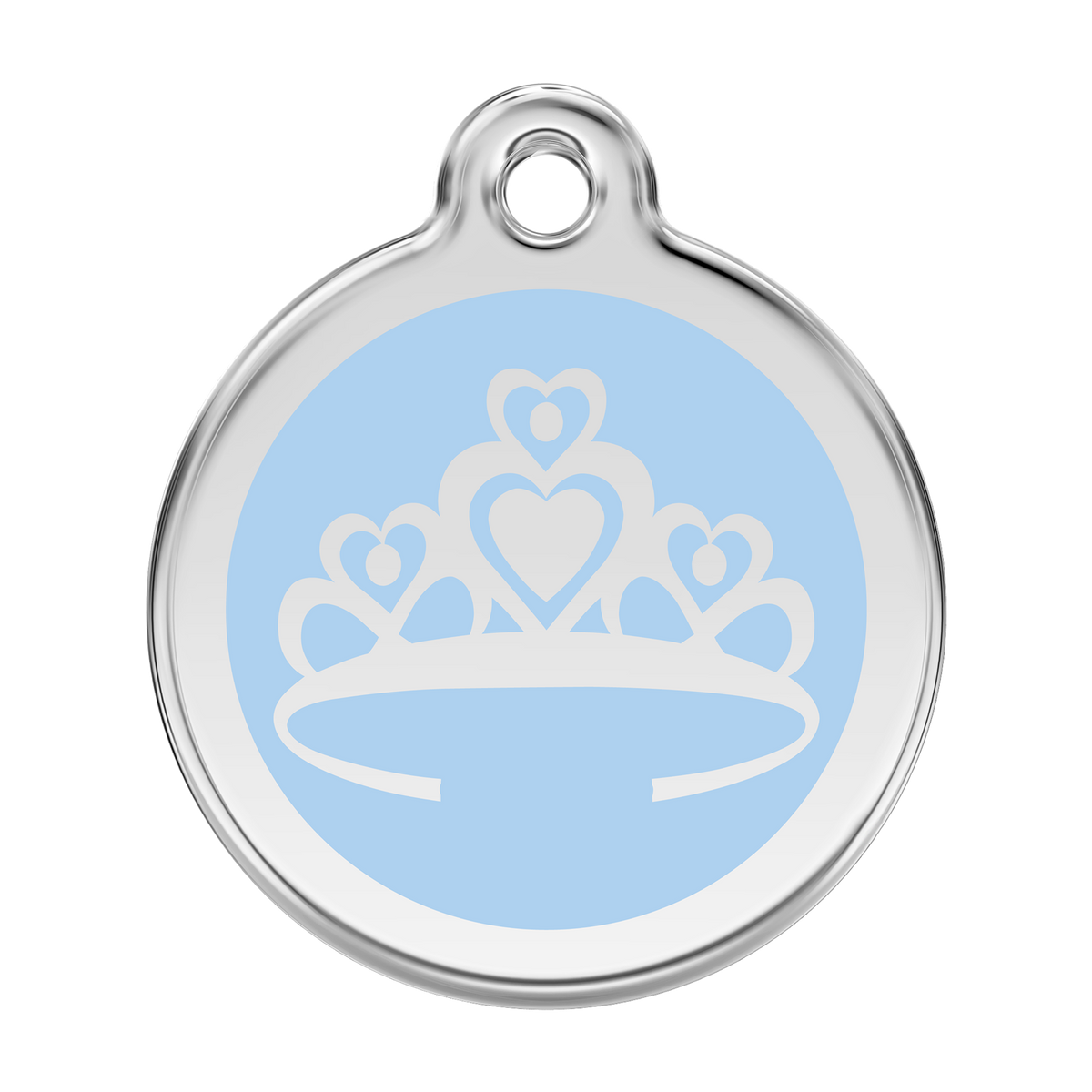 Stainless steel and enamel dog ID tag with light blue crown emblem