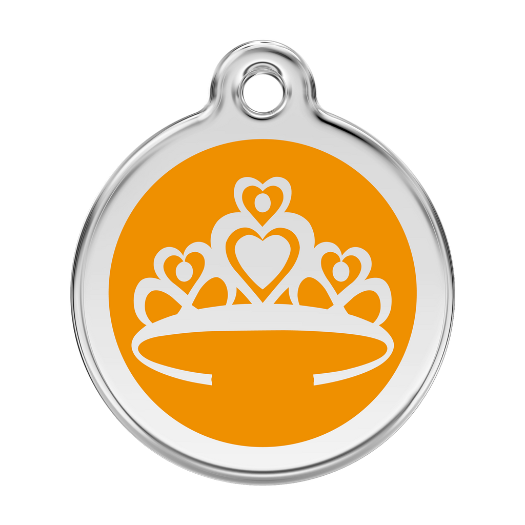 Stainless steel and enamel dog ID tag with orange crown emblem