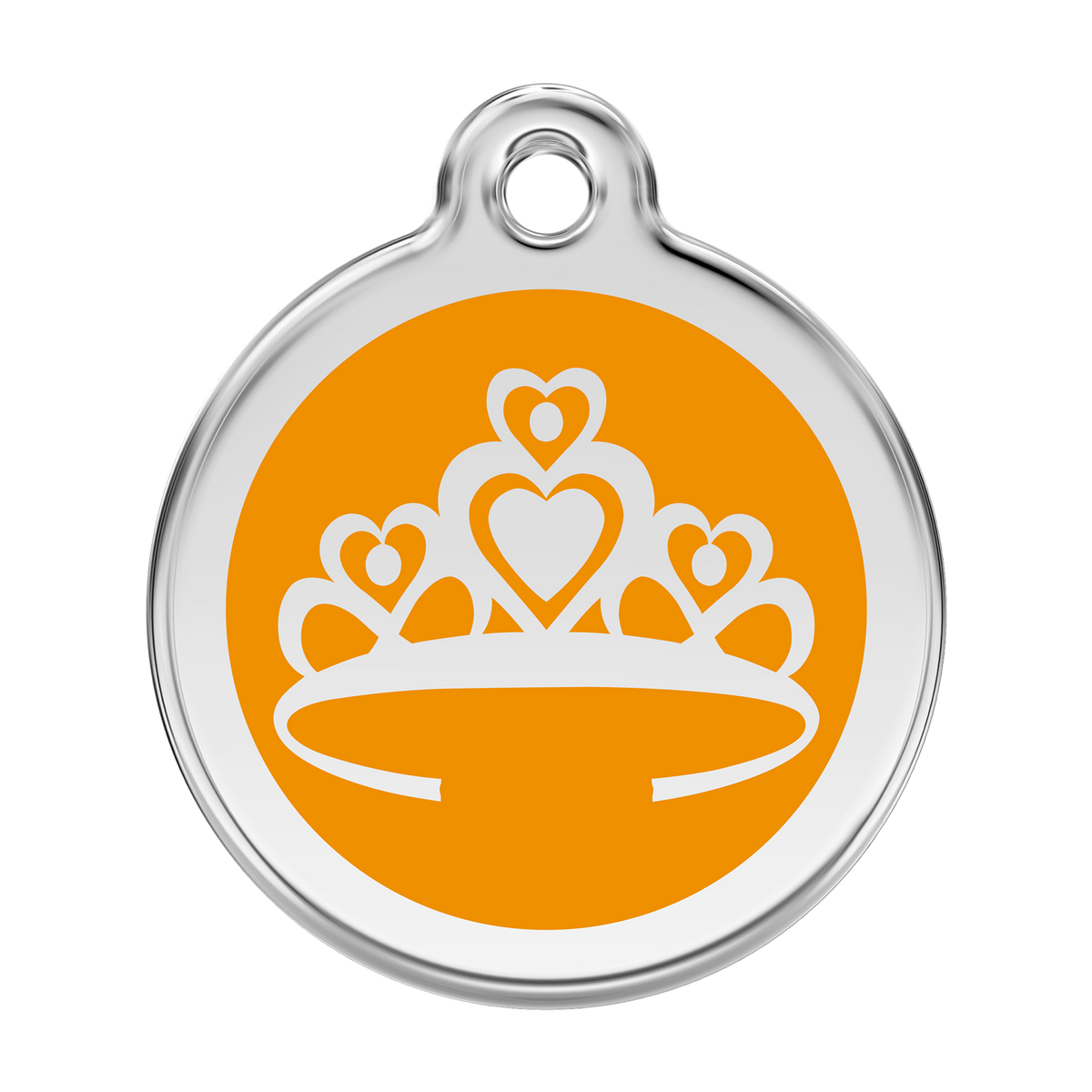 Stainless steel and enamel dog ID tag with orange crown emblem