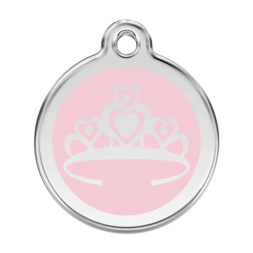 Stainless steel and enamel dog ID tag with light pink crown emblem