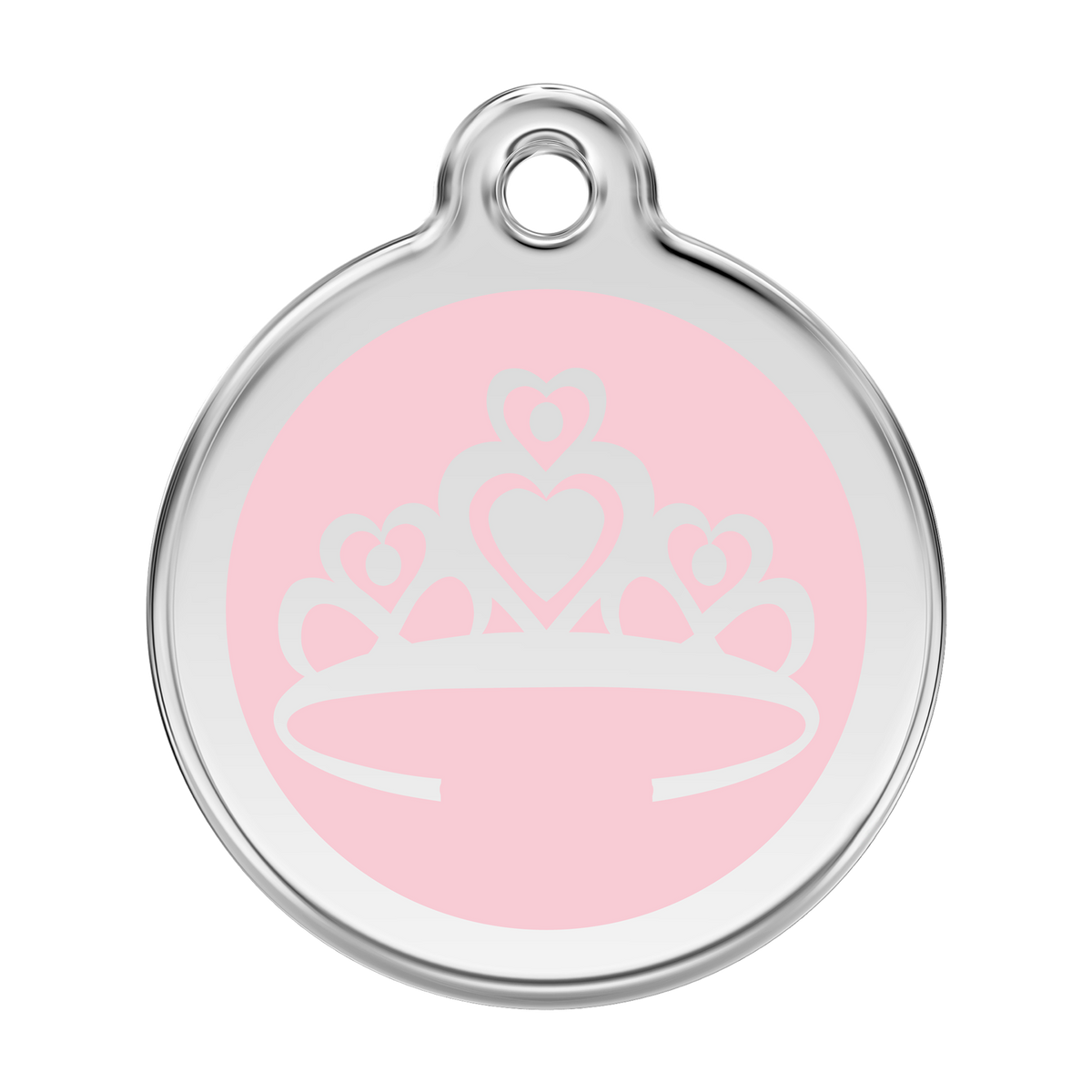 Stainless steel and enamel dog ID tag with light pink crown emblem