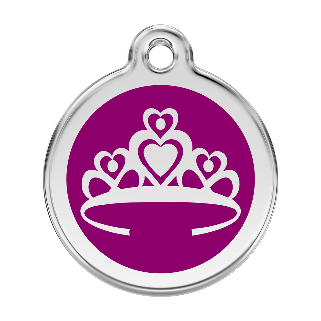 Stainless steel and enamel dog ID tag with purple crown emblem