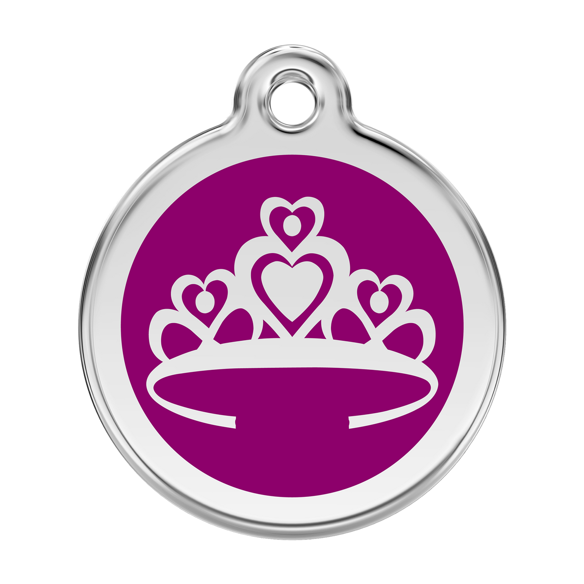 Stainless steel and enamel dog ID tag with purple crown emblem