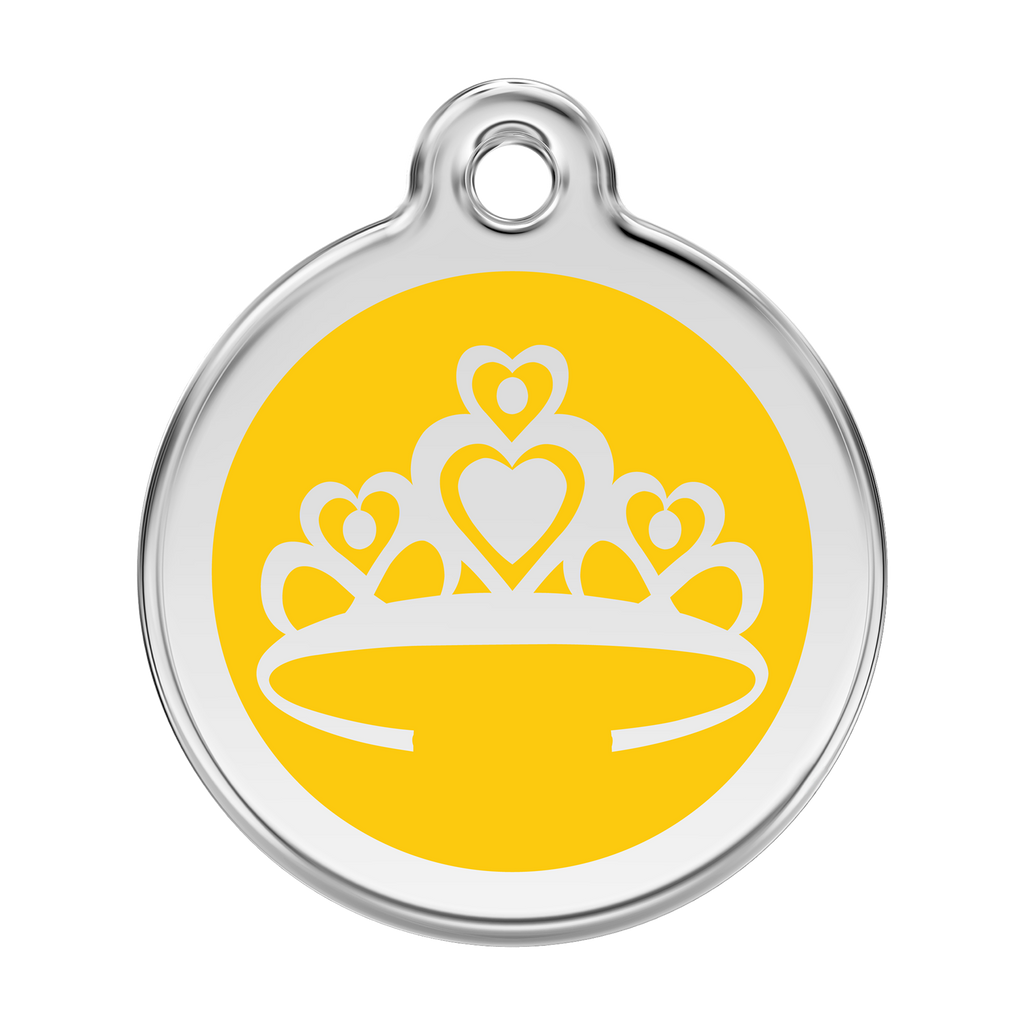 Stainless steel and enamel crown dog ID tag with yellow heart crown design