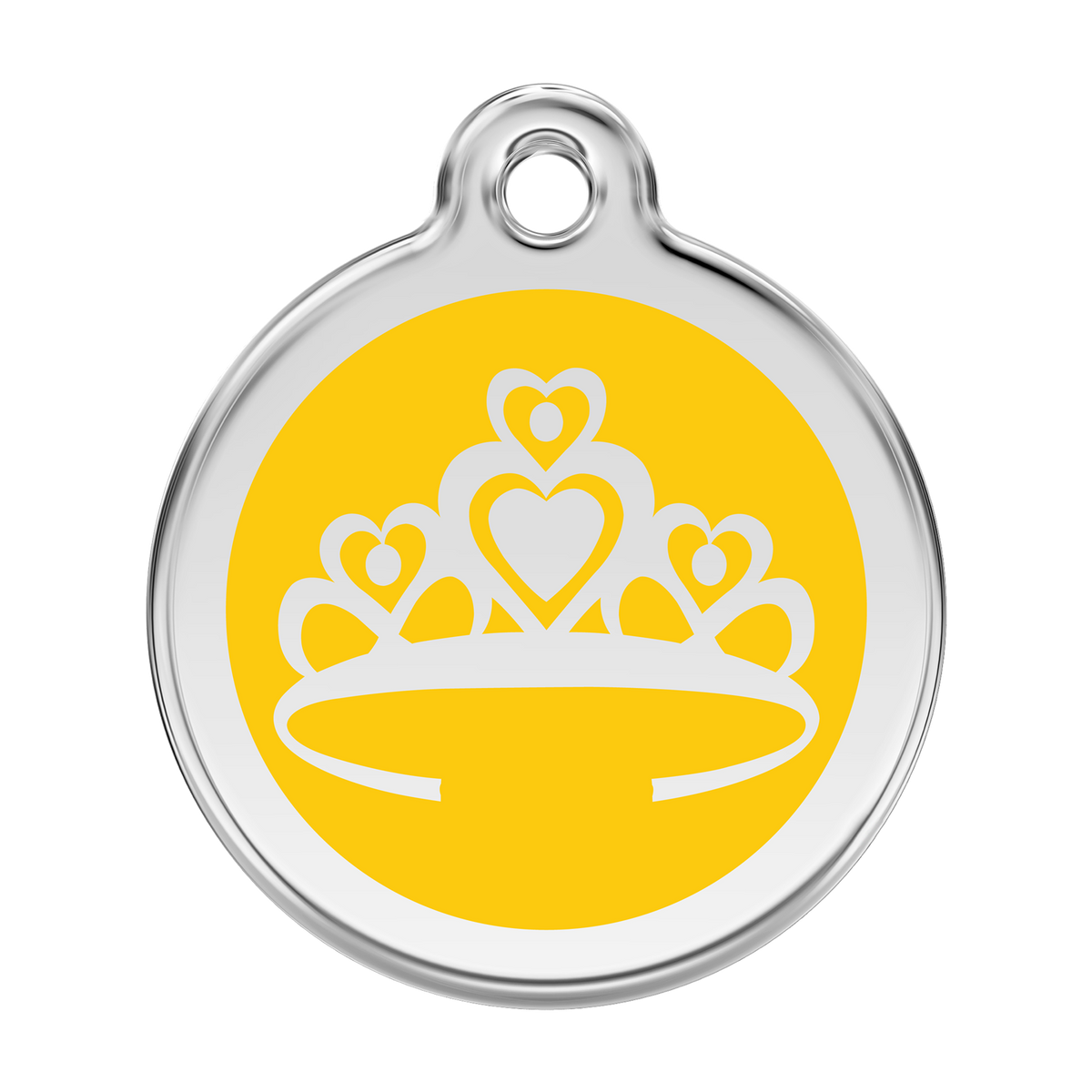 Stainless steel and enamel crown dog ID tag with yellow heart crown design