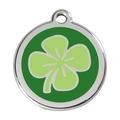 Green clover enamel dog ID tag with round silver border and attachment ring