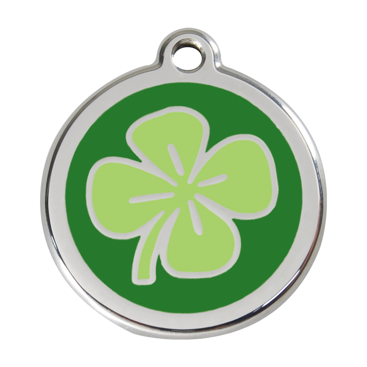 Green clover enamel dog ID tag with round silver border and attachment ring