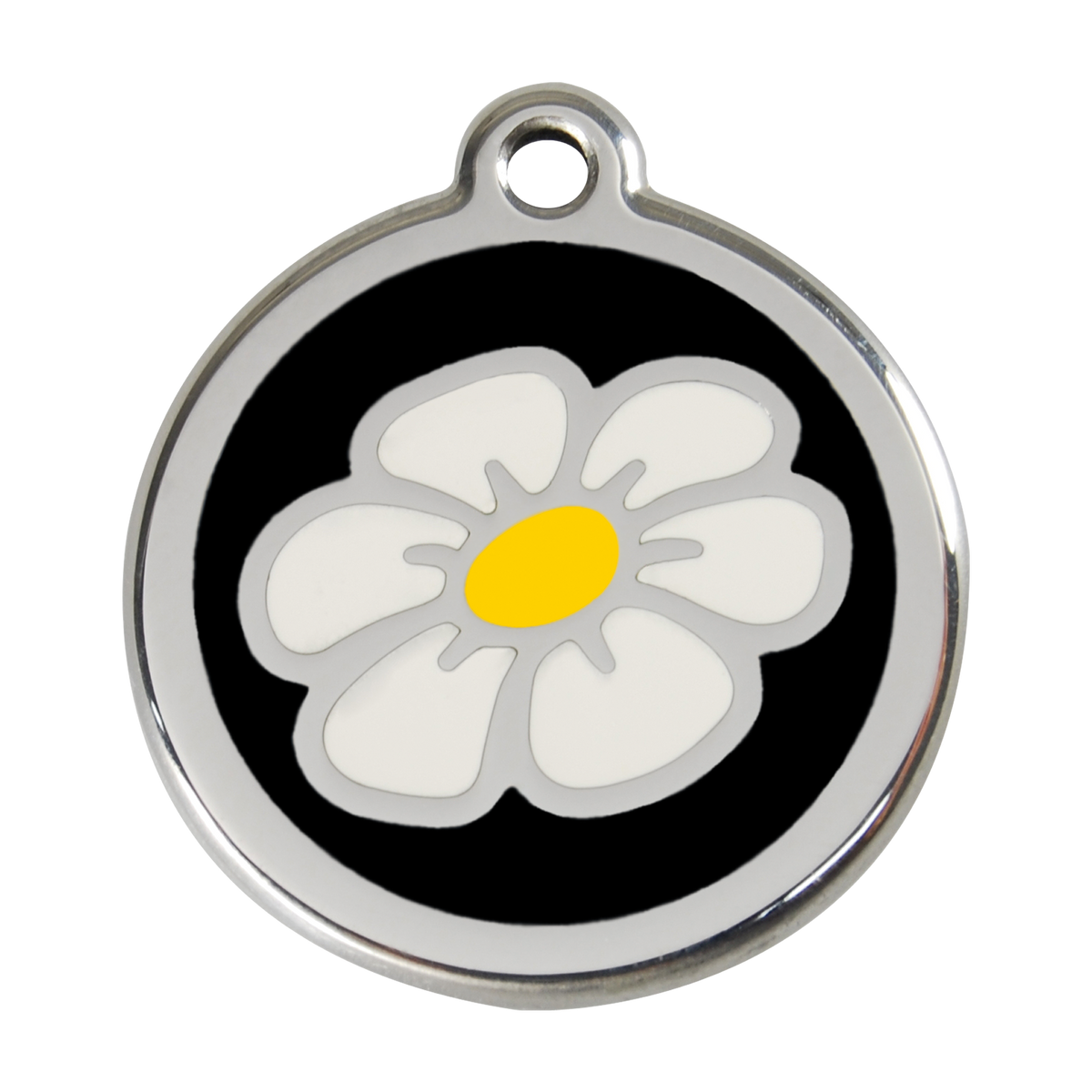 Stainless steel enamel daisy dog ID tag with black backing and yellow center