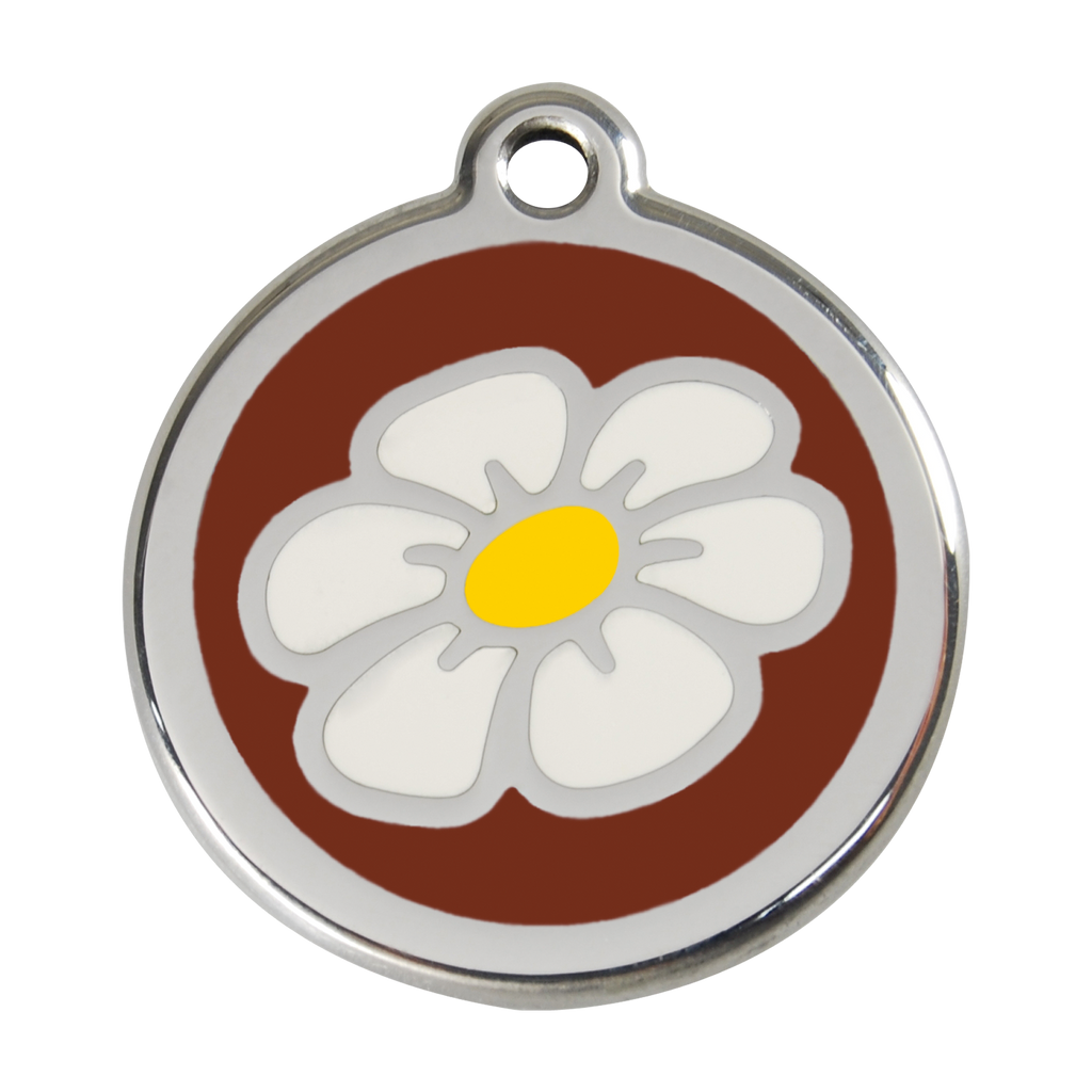 Stainless steel enamel daisy dog ID tag with brown backing and yellow center
