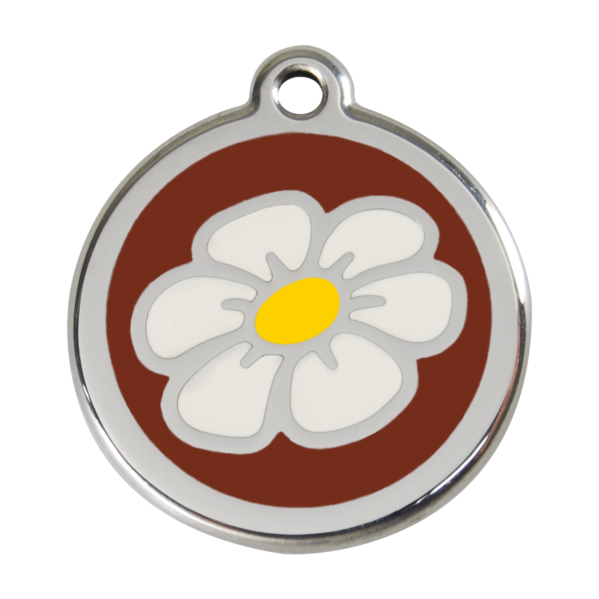 Stainless steel enamel daisy dog ID tag with brown backing and yellow center