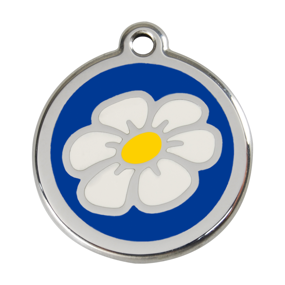 Blue enamel daisy dog ID tag with white petals, yellow center, and steel ring