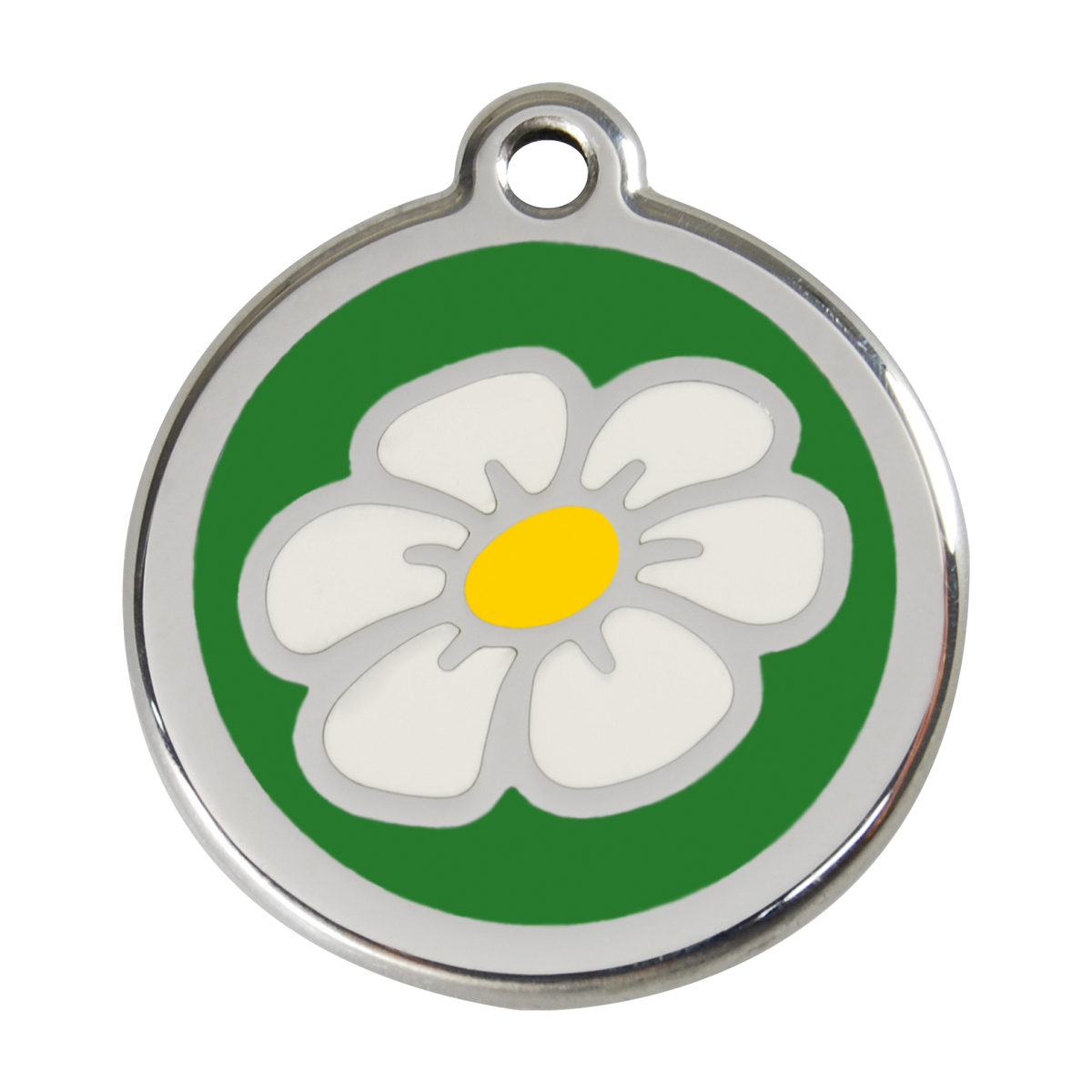 Stainless steel enamel daisy dog ID tag with green backing and yellow center