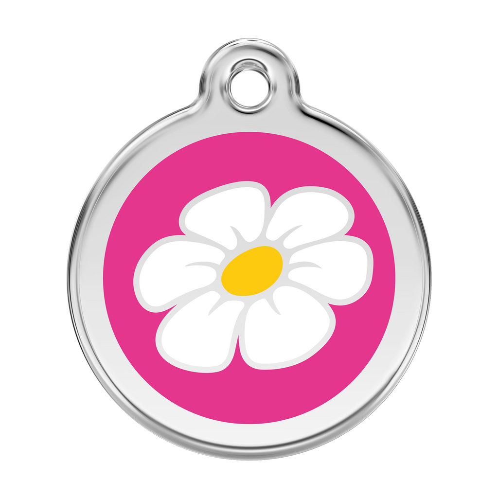 Stainless steel enamel daisy dog ID tag with pink backing and yellow center
