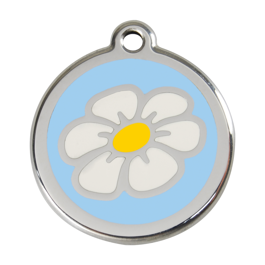 Stainless steel enamel daisy dog ID tag with light blue backing and yellow center
