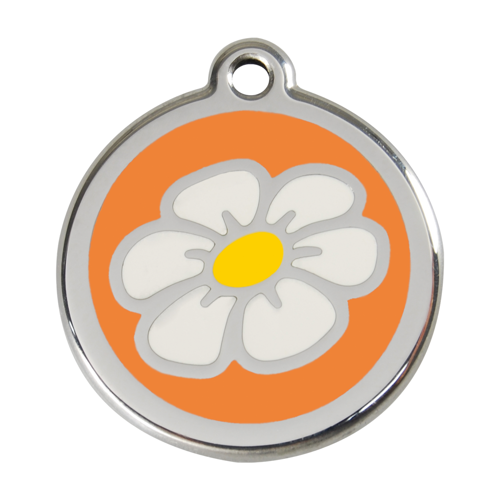 Stainless steel enamel daisy dog ID tag with orange backing and yellow center