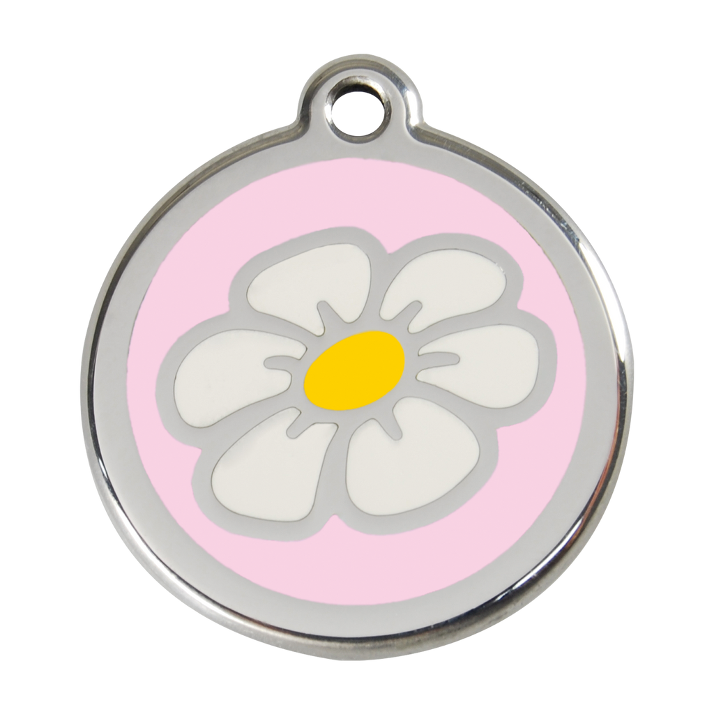 Stainless steel enamel daisy dog ID tag with light pink backing and yellow center
