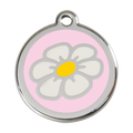 Stainless steel enamel daisy dog ID tag with light pink backing and yellow center
