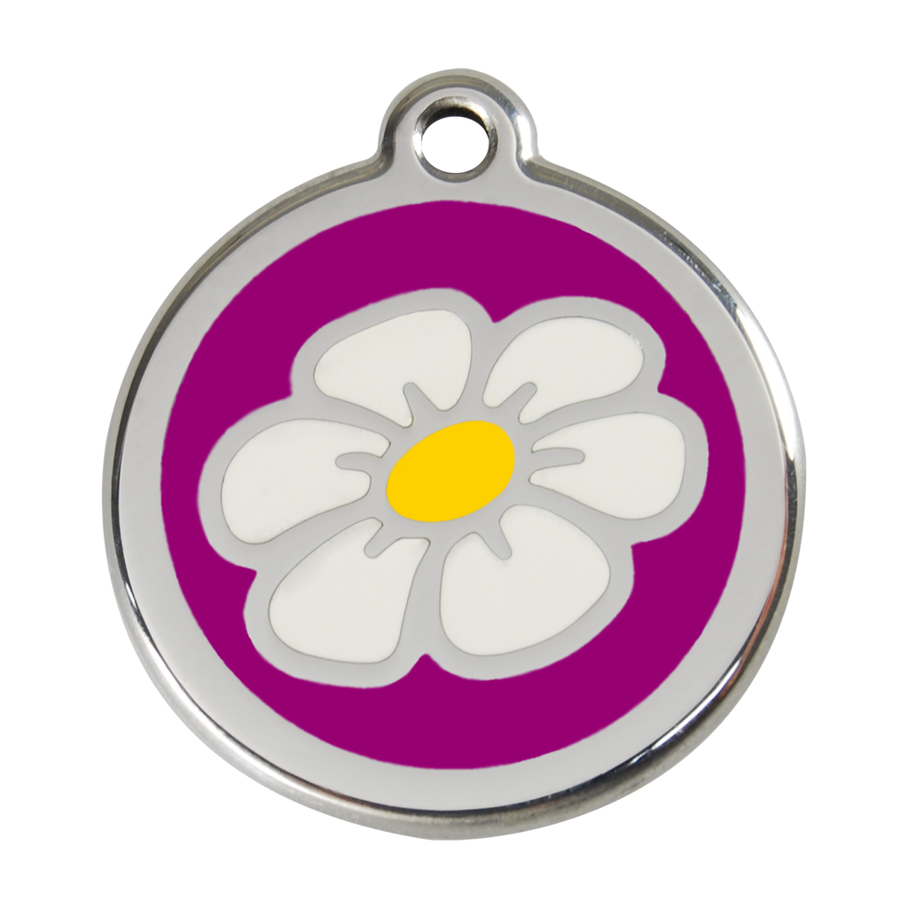 Stainless steel enamel daisy dog ID tag with purple backing and yellow center