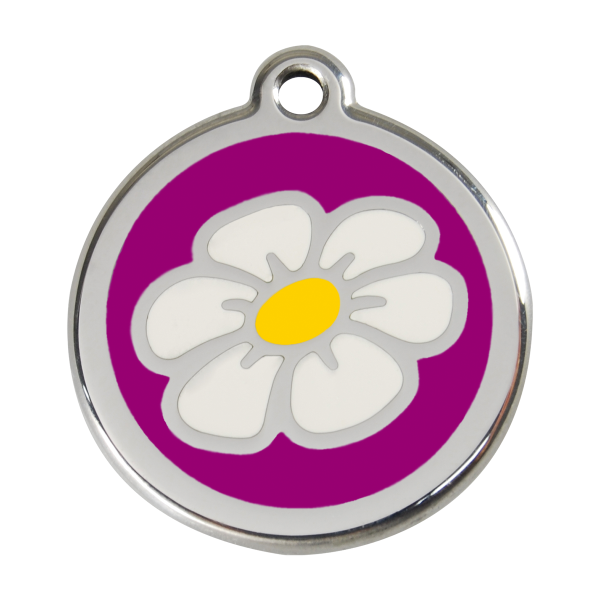 Stainless steel enamel daisy dog ID tag with purple backing and yellow center
