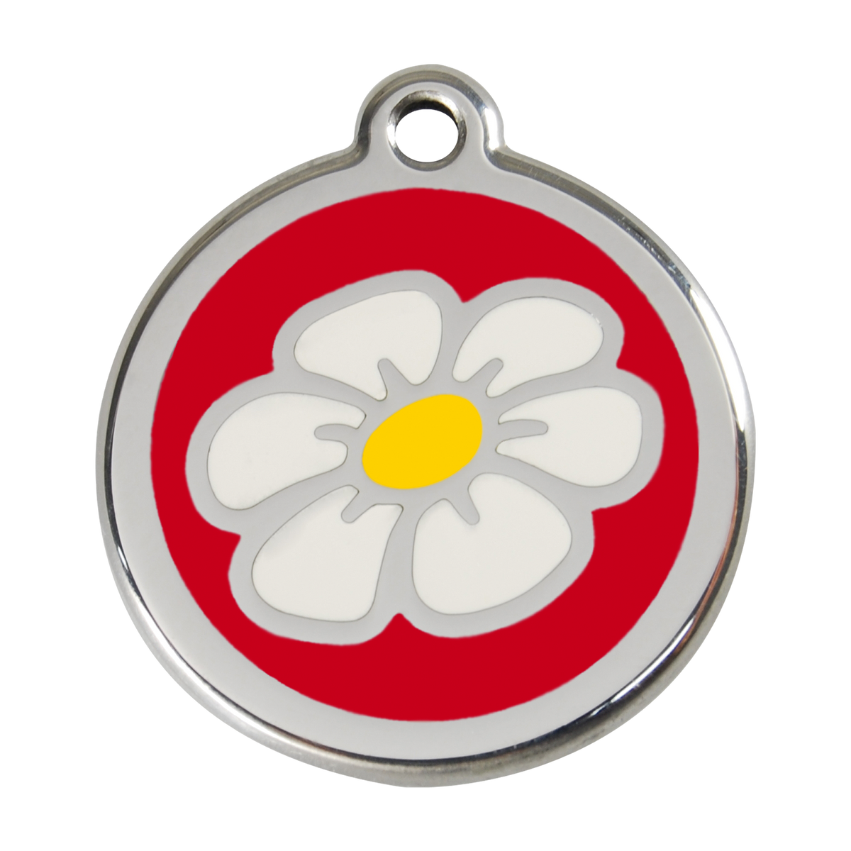 Stainless steel enamel daisy dog ID tag with red backing and yellow center