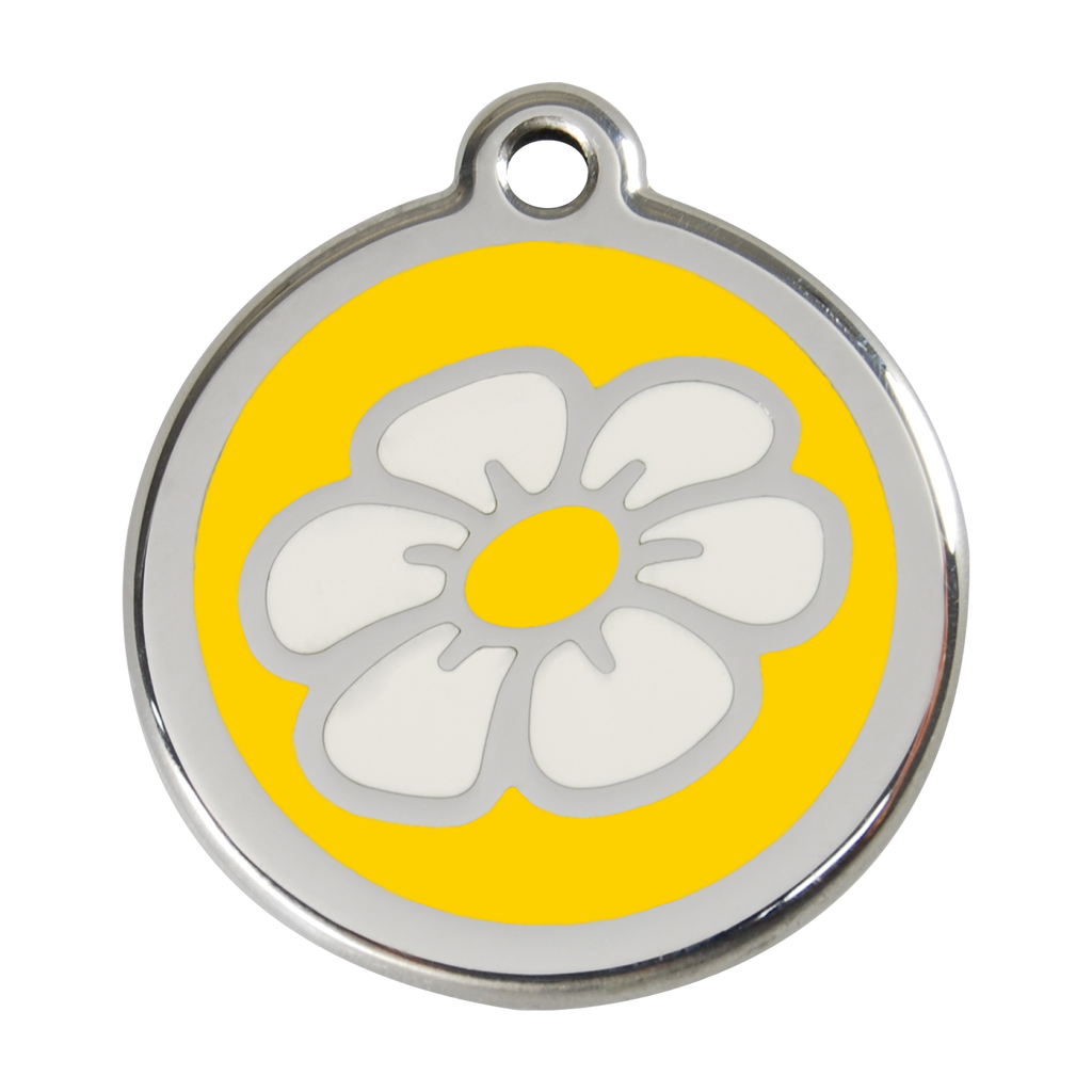 Stainless steel enamel daisy dog ID tag with yellow backing and yellow center