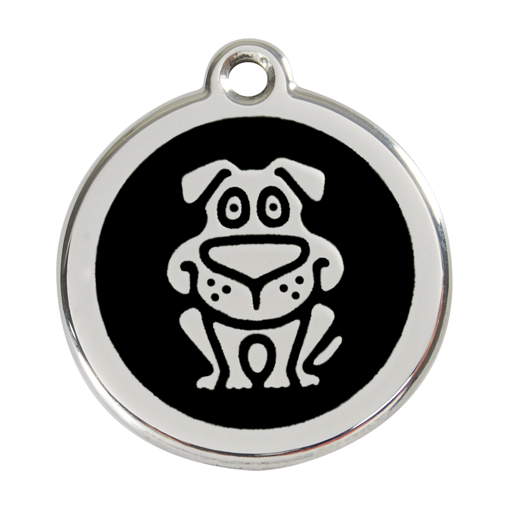 Red Dingo dog ID tag in black enamel with happy dog face icon