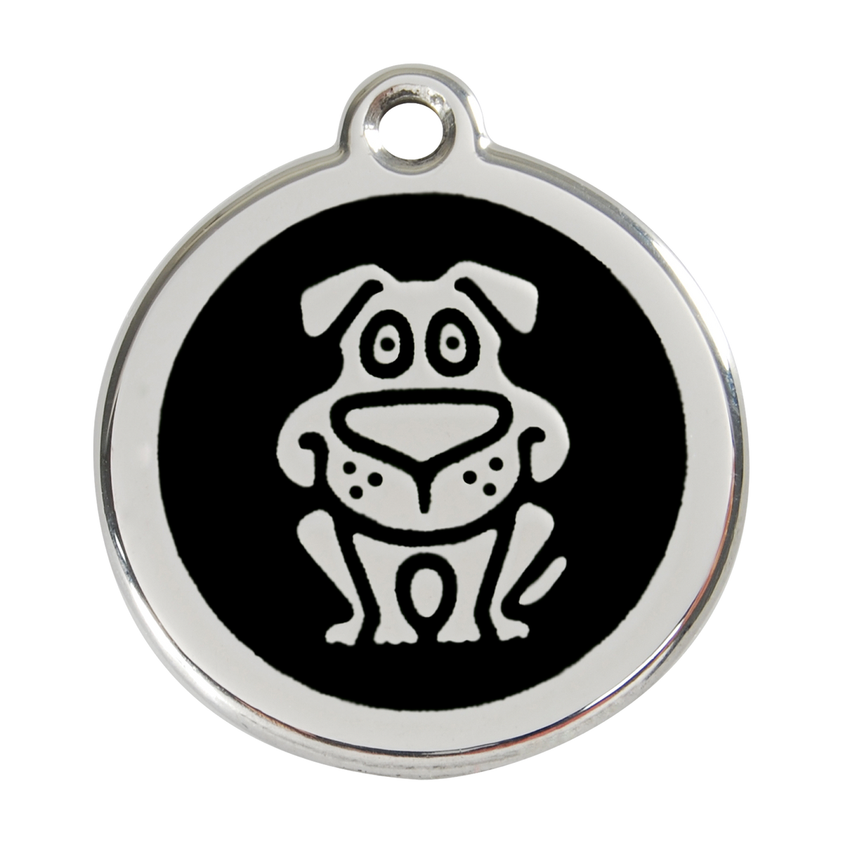 Red Dingo dog ID tag in black enamel with happy dog face icon