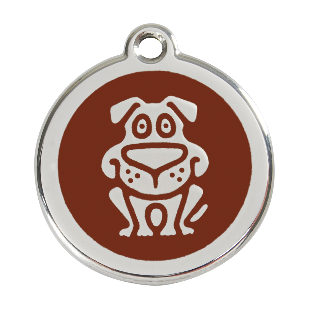 Red Dingo dog ID tag in brown enamel with happy dog face icon