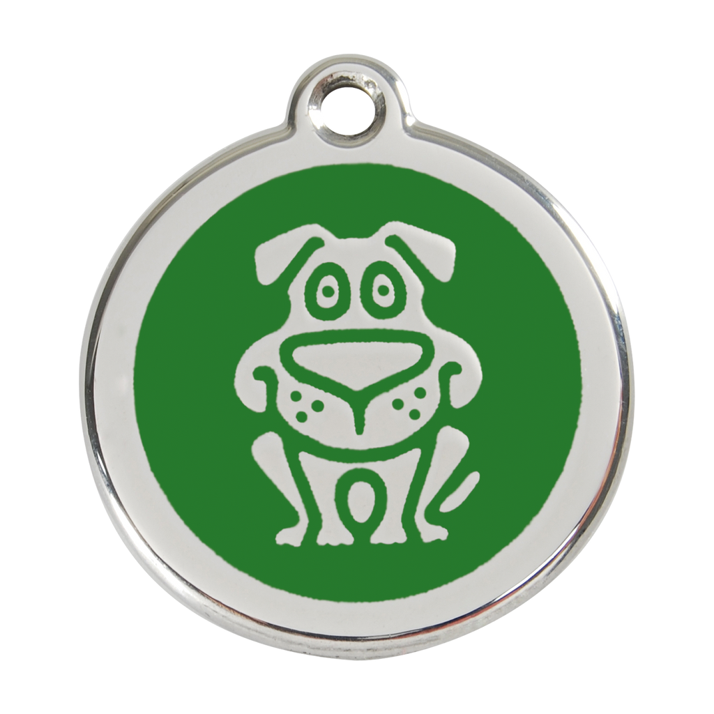 Red Dingo dog ID tag in green enamel with happy dog face icon