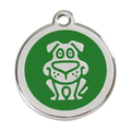 Red Dingo dog ID tag in green enamel with happy dog face icon