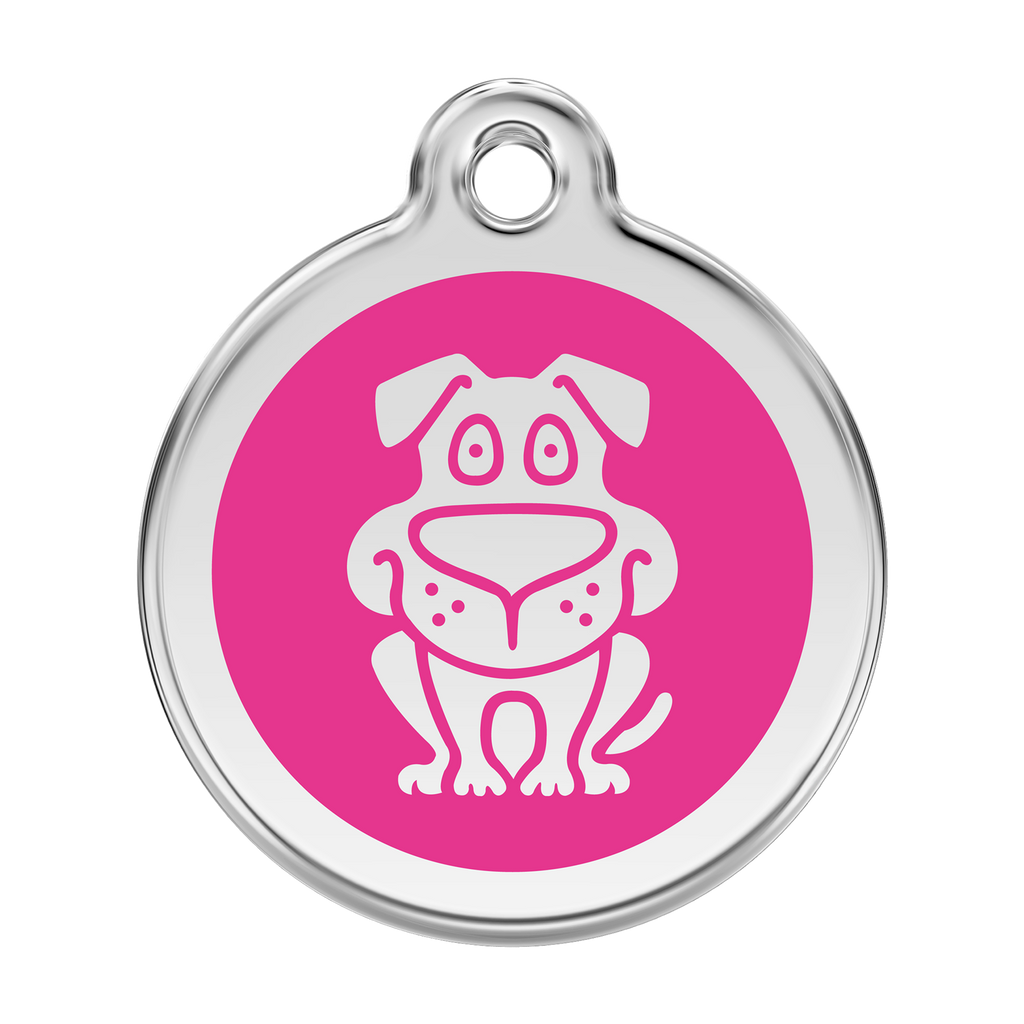 Red Dingo dog ID tag in pink enamel with happy dog face icon