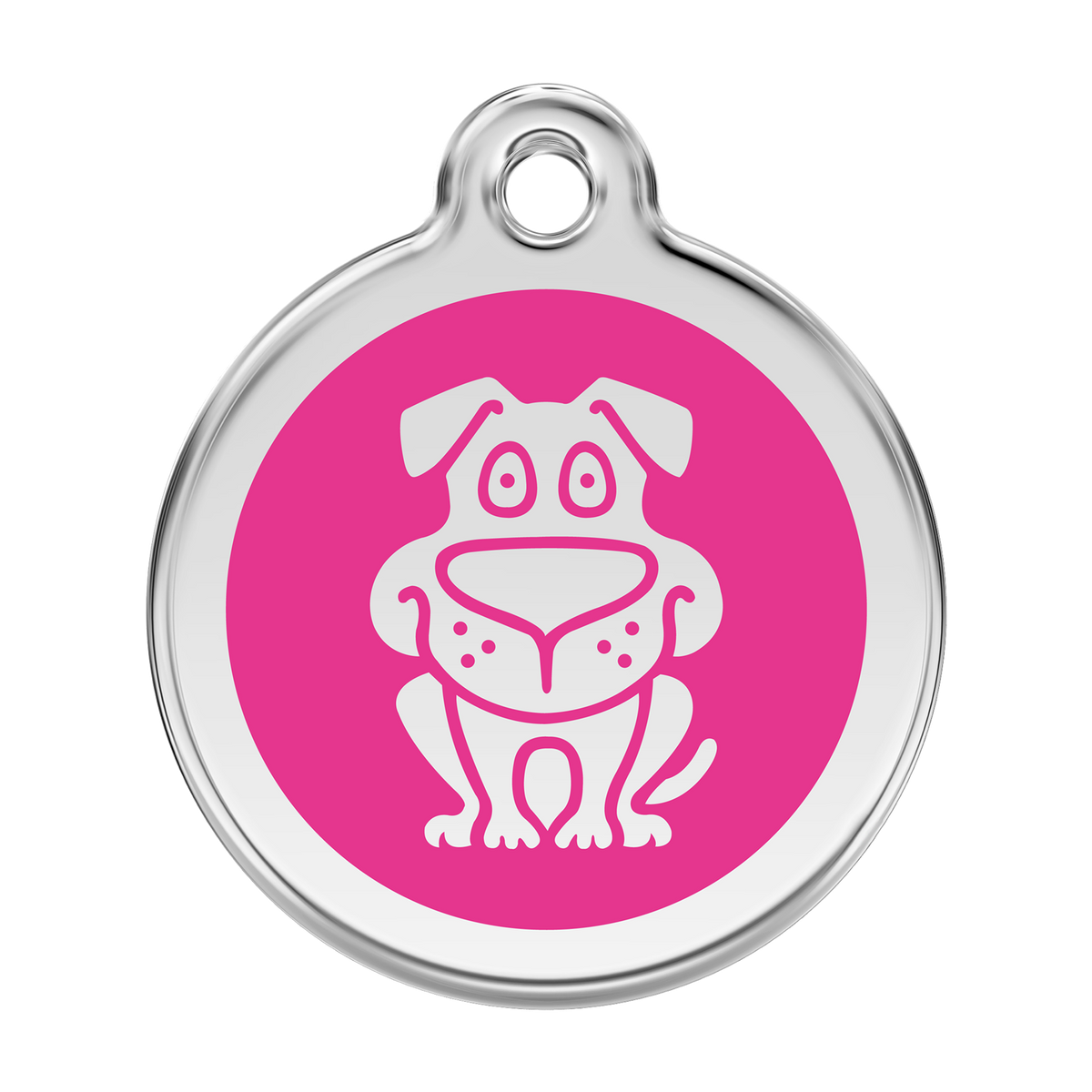 Red Dingo dog ID tag in pink enamel with happy dog face icon