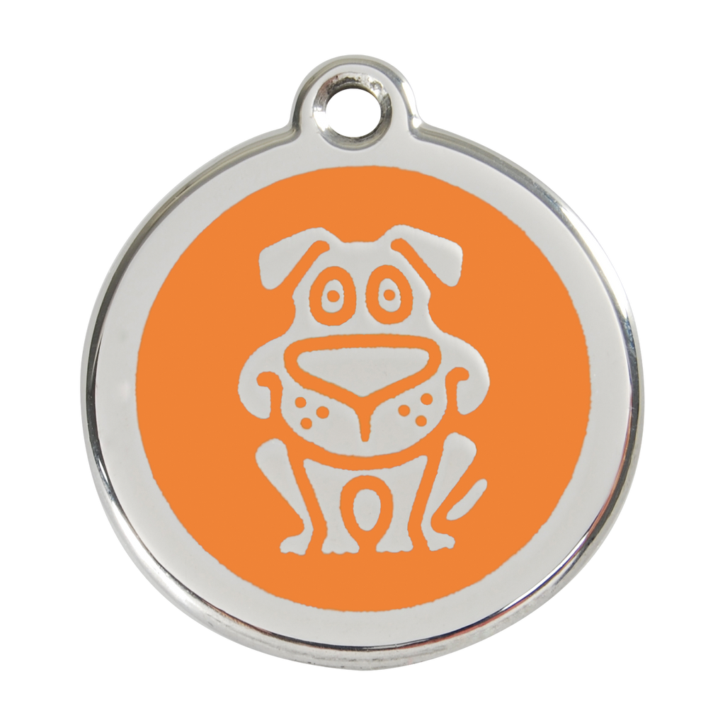 Red Dingo dog ID tag in orange enamel with happy dog face icon